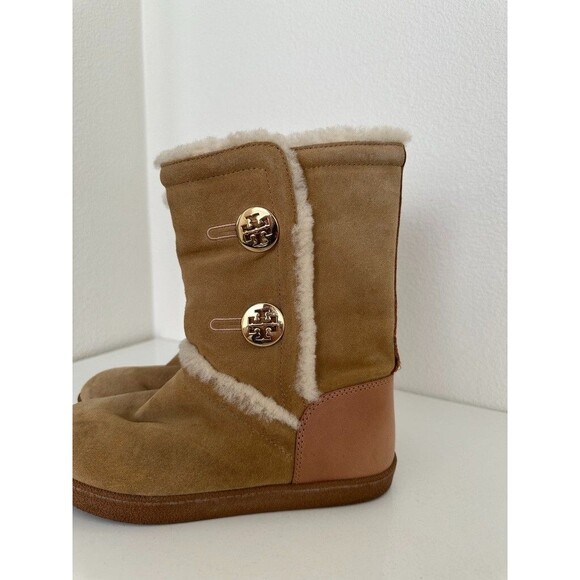 Tory Burch Shearling Leather Mid Calf Boots Gold Detail Fur Lined Women's 6.5 - Picture 3 of 13